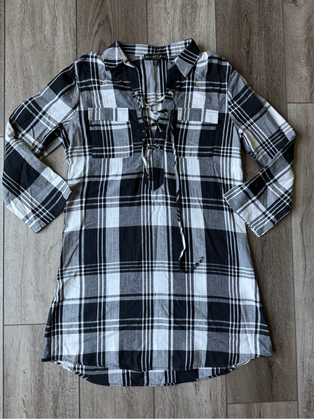Society Girl- 90s Grunge Black & White Plaid Lace-Up Tunic Mini Dress